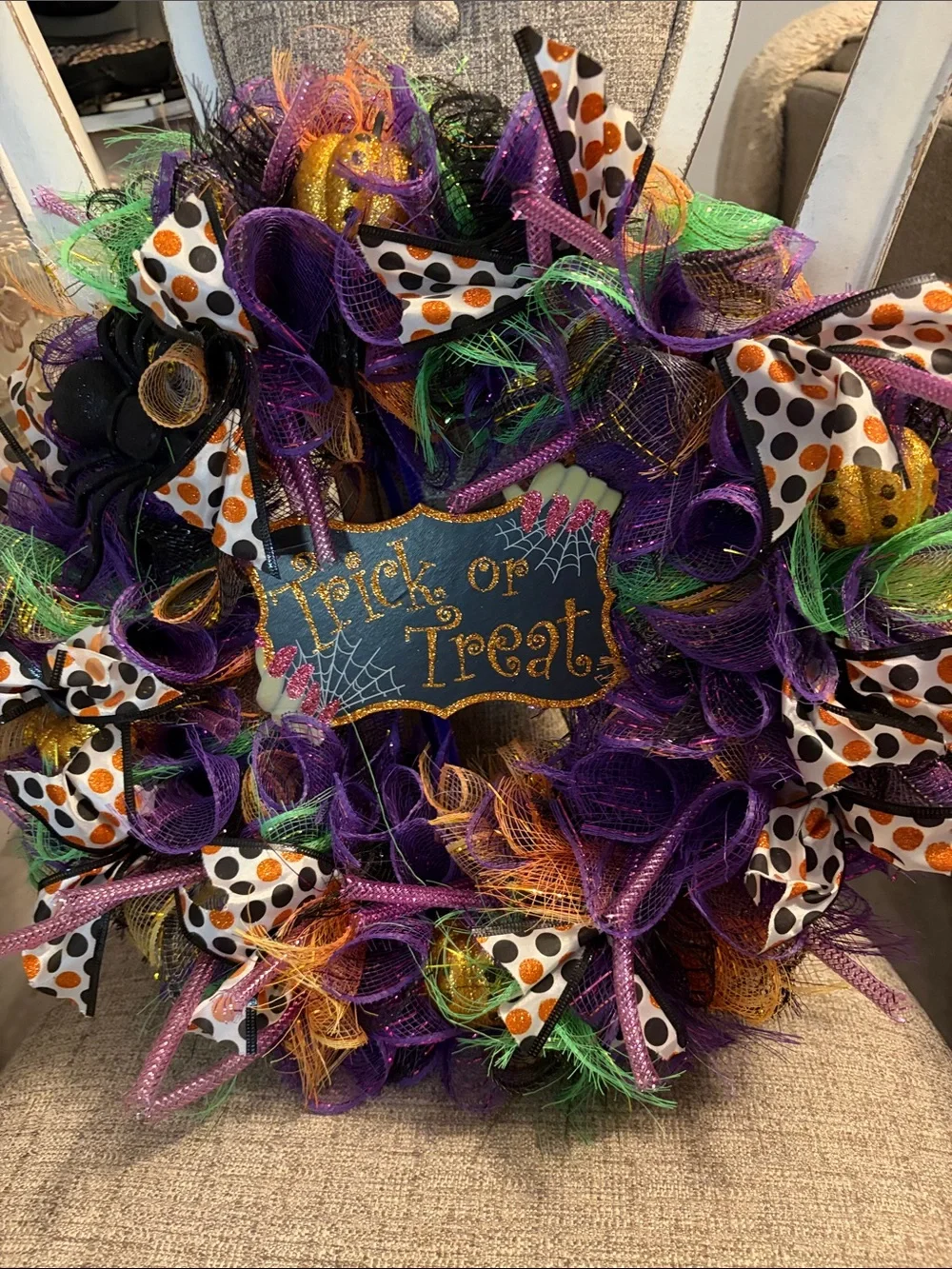 Halloween 'Trick or Treat' Decorative Wreath - Purple, Orange, Green, Black